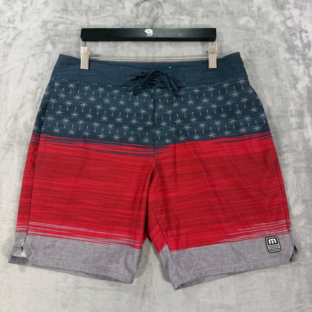 Travis Mathew Board Shorts Mens Size 32 Navy Red Grey Palm Tree Swim Trunks